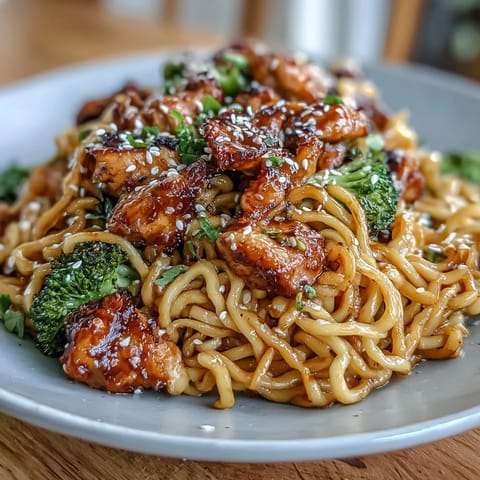 A savory plate of sticky garlic chicken noodles with tender chicken, crisp broccoli, and bell peppers in a glossy honey-soy sauce.  