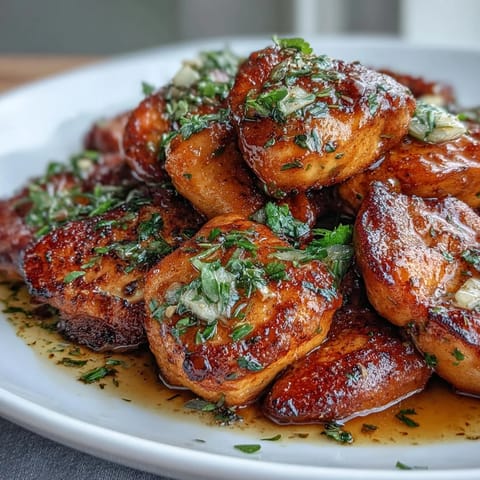 Cowboy Butter Chicken Bites with garlic and herbs in a skillet, golden and sizzling with rich butter sauce.