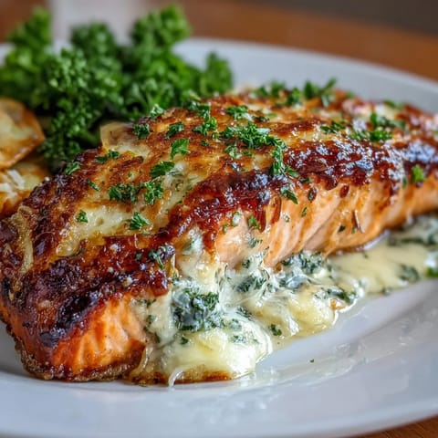 Creamy baked salmon with lemon butter sauce, topped with Parmesan and fresh parsley.  
