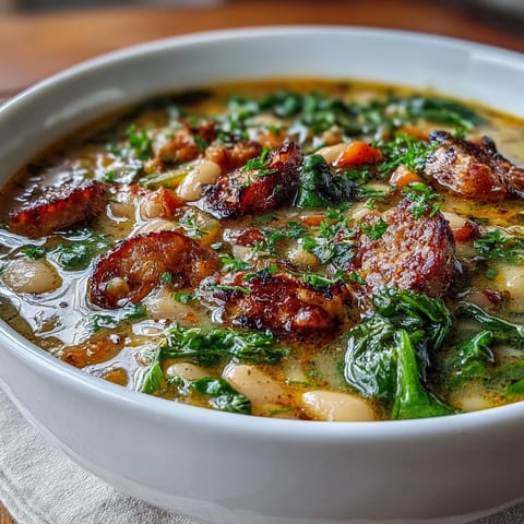 Hearty Italian sausage and creamy cannellini beans simmer with fresh vegetables in a fragrant broth, creating a rustic Tuscan soup perfect for chilly evenings.