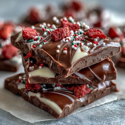 A rich dark and white chocolate bark swirled together and topped with freeze-dried strawberries and festive sprinkles.