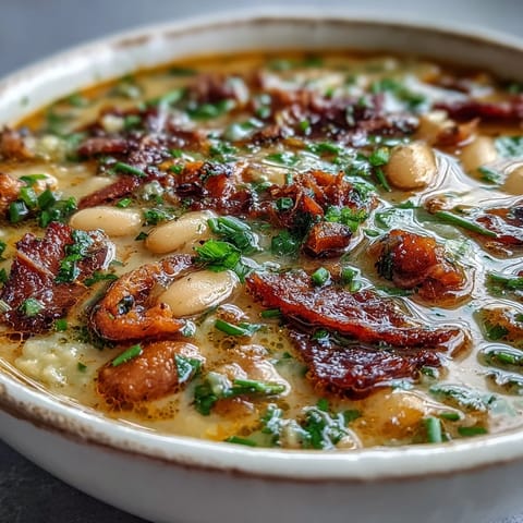 A steaming bowl of ham and butter bean soup with fresh herbs, showcasing tender beans and savory ham in a rich broth.