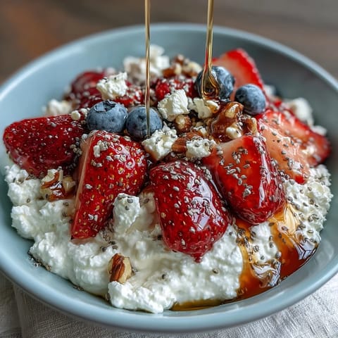 Creamy cottage cheese topped with fresh strawberries, blueberries, and pineapple chunks, finished with a light honey glaze and crunchy walnuts.