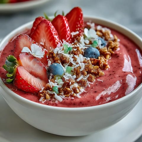A refreshing and creamy strawberry smoothie bowl garnished with granola, blueberries, and edible flowers, perfect for sharing with friends.  