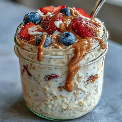 Creamy overnight oats topped with fresh mixed berries and a swirl of almond butter for a nourishing breakfast.  