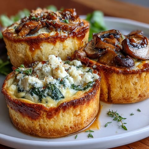 Mini quiche trio with spinach, mushroom, and ham filling, perfect for spring brunches and elegant appetizers.  