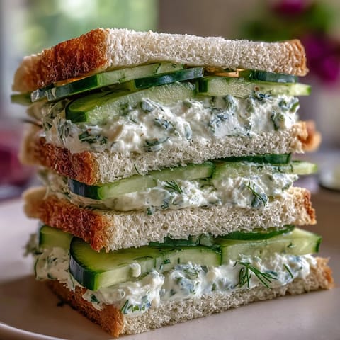 Classic cucumber tea sandwiches with herbed cream cheese, showcasing delicate cucumber slices layered on soft white bread. Perfect for afternoon tea or elegant brunches.
