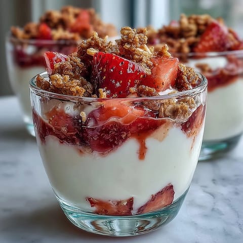 Elegant mini strawberry yogurt parfaits served in shot glasses with creamy layers and fresh mint garnish