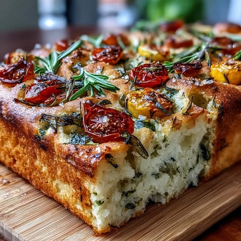 Vibrant focaccia bread decorated with herb stems and flower-shaped vegetables for a stunning spring-inspired centerpiece.