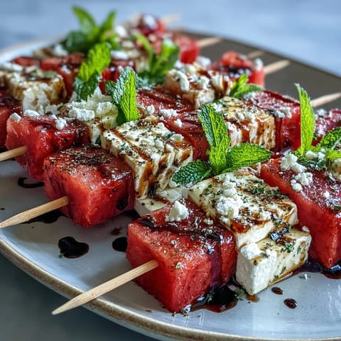 Juicy watermelon and creamy feta cubes threaded on skewers with fresh mint for a refreshing summer appetizer.