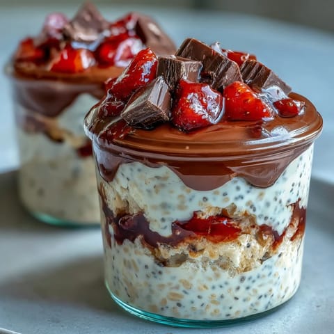 A vibrant jar of creamy overnight oats layered with juicy strawberries and rich chocolate chunks, perfect for a make-ahead breakfast or dessert.