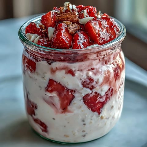 Layered vanilla protein oats with sweet strawberries and chia seeds—a healthy, make-ahead breakfast treat.
