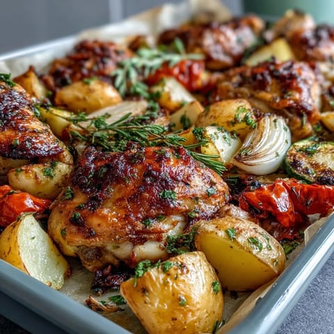 Sheet Pan Chicken with Roasted Vegetables – juicy chicken thighs and colorful roasted vegetables on a single pan, perfect for easy weeknight dinners.