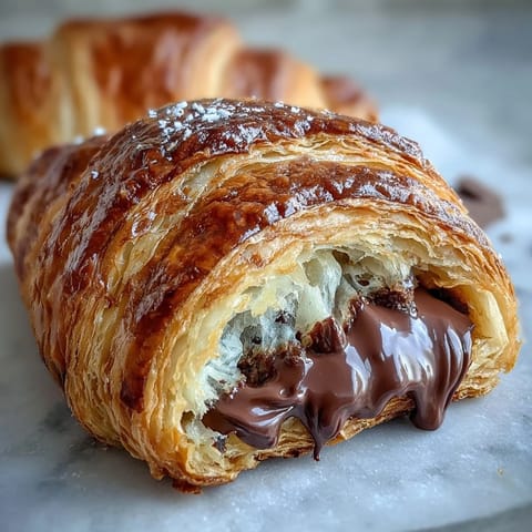Golden-brown sourdough croissants with a buttery, crisp crust and luscious dark chocolate center, ideal for brunch gatherings.  