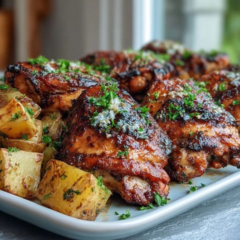 Roasted chicken thighs and vegetables on a sheet pan, golden and juicy, perfect for an easy weeknight dinner.