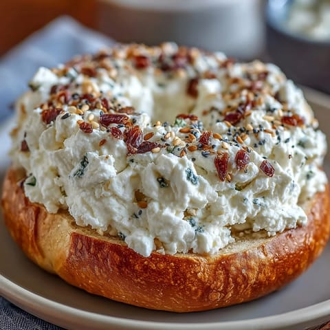 Four protein-packed cottage cheese bagels topped with everything seasoning, ready to slice and serve.
