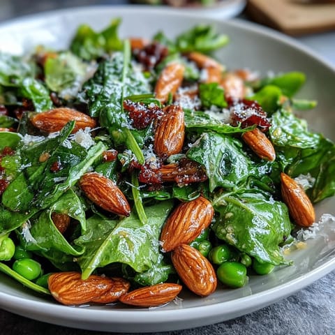 Crisp spring greens with honey mustard dressing, topped with toasted almonds and fresh herbs in a vibrant salad bowl.  