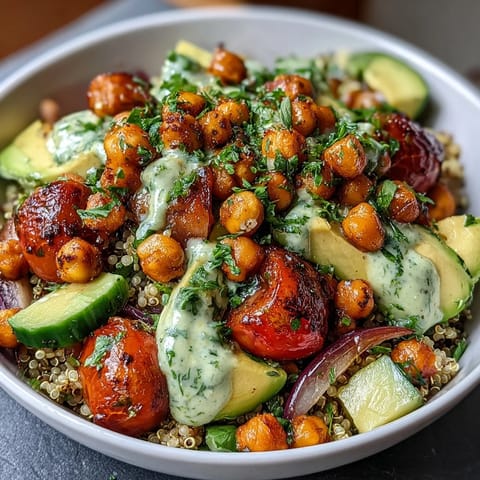 Zesty lemon vinaigrette drizzled over hearty grain bowls with roasted chickpeas and fresh vegetables.
