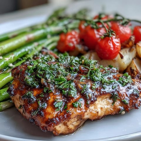 Healthy Easy Sheet Pan Chicken with Spring Veggies on a colorful tray, roasted chicken breasts surrounded by fresh asparagus, cherry tomatoes, and bell peppers.
