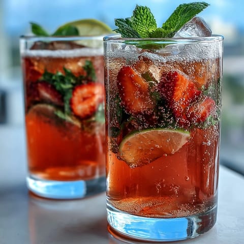 Vibrant non-alcoholic drink featuring sweet strawberries and lemon, topped with sparkling water and fresh mint for a refreshing sip.