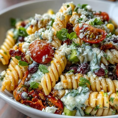 Easy Taco Pasta Salad for Summer Potlucks: A colorful mix of pasta, black beans, corn, and veggies tossed in creamy taco dressing.