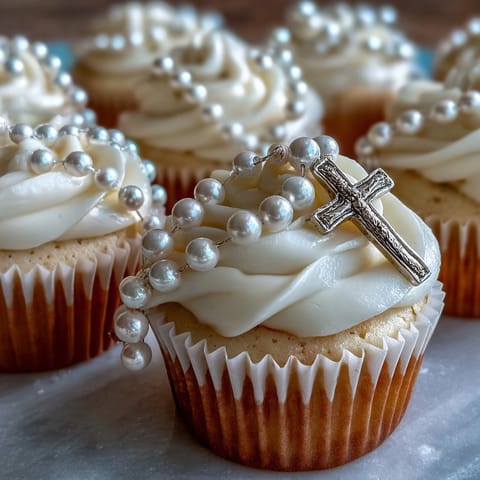 Adorable mini vanilla cupcakes topped with smooth buttercream and fondant rosary toppers, ideal for First Communion celebrations.