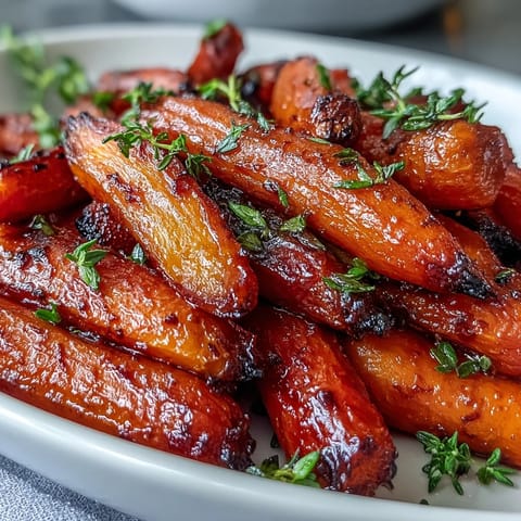Honey glazed roasted carrots with thyme, caramelized to perfection and garnished with fresh herbs for a vibrant Easter side dish.