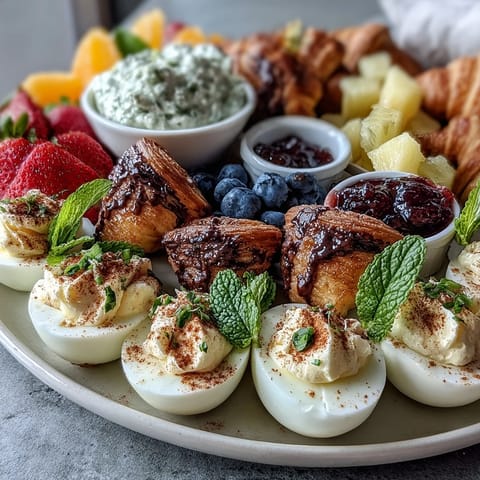 Vibrant Easter brunch board with deviled eggs, fresh fruit, and assorted pastries, perfect for a festive morning gathering.