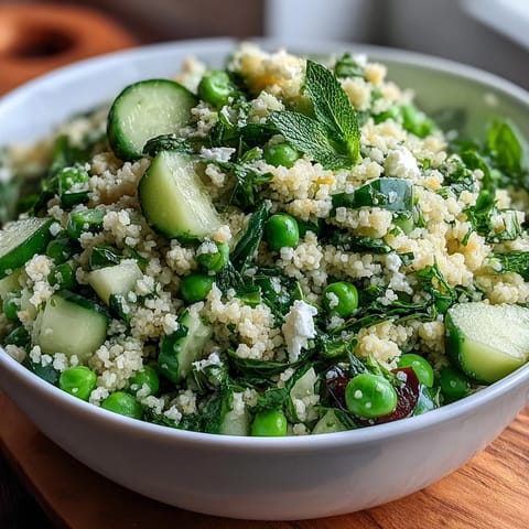 Vibrant spring pea and mint couscous salad with fresh peas, herbs, and crisp cucumber in a lemon dressing.