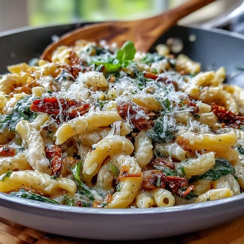 Creamy One-Pot Tuscan Pasta with vibrant spinach and sun-dried tomatoes.