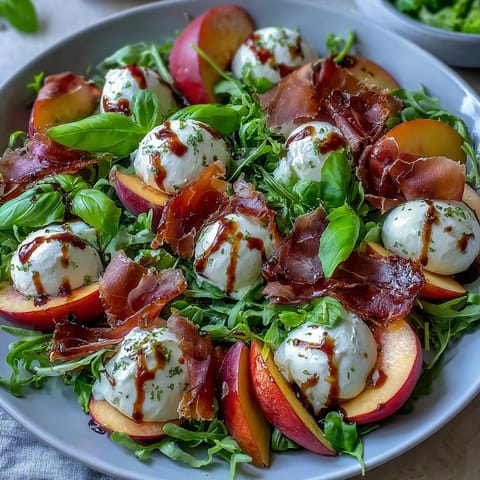 Juicy peach and burrata salad with prosciutto, drizzled with balsamic glaze.