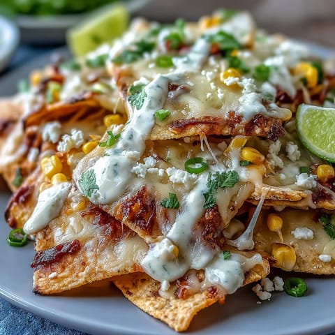 Golden elote nachos piled high with cheese and smoky chipotle crema.