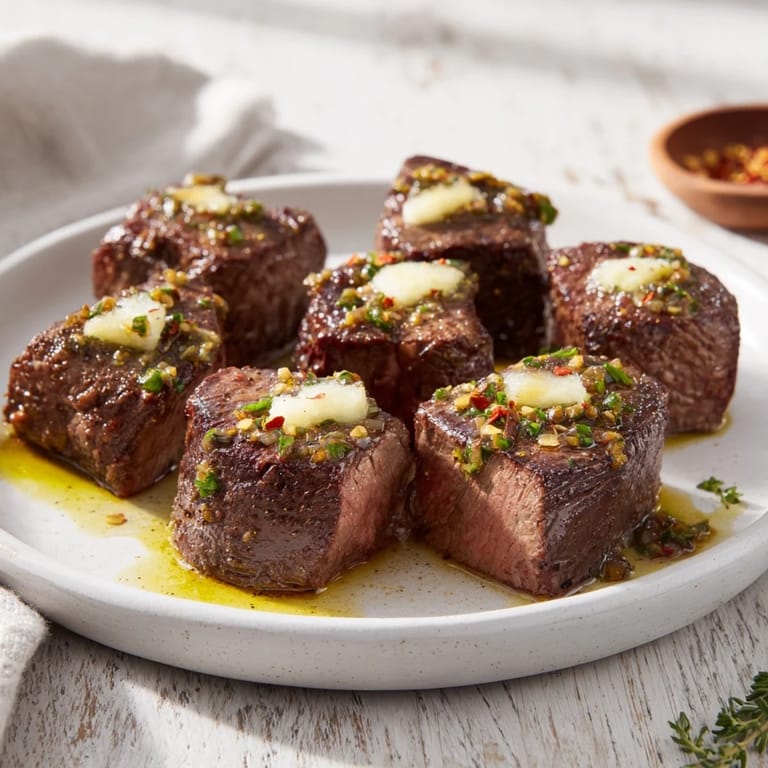 Tender, juicy skillet-seared steak bites with garlic butter, perfect alongside crusty bread.