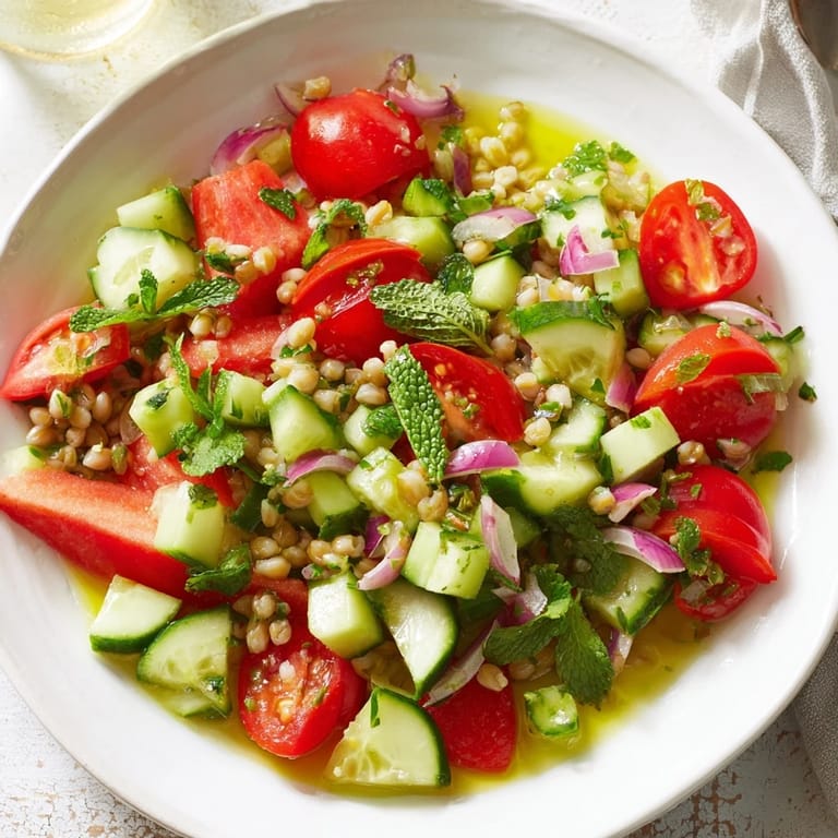 Brightly colored Fresh Cucumber and Chickpea Salad, ready to serve with a zesty lemon-mint dressing.