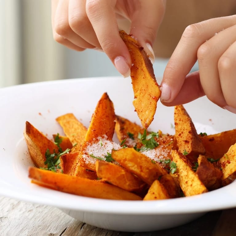 Hot, flavorful crispy oven-baked sweet potato wedges, ready to serve with sea salt and parsley.
