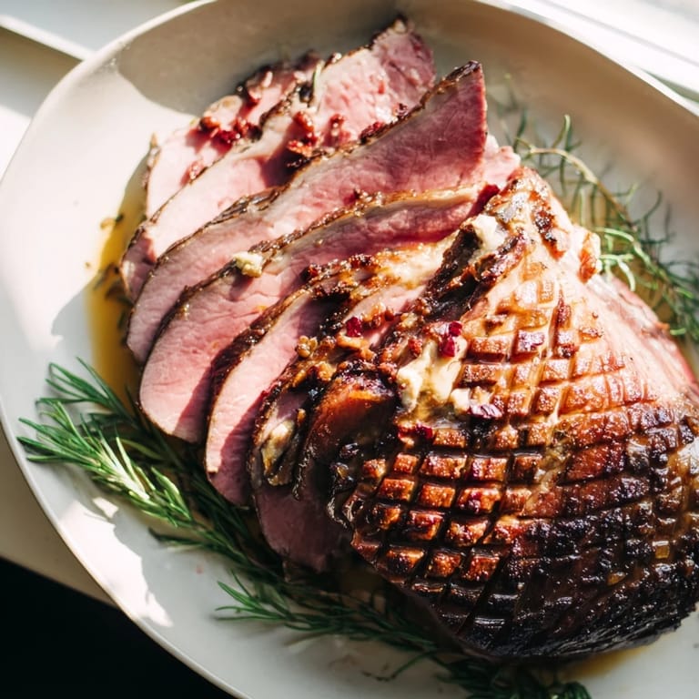 A close-up of tender Slow-Cooked Honey Glazed Ham, generously coated in a sweet, spiced glaze.