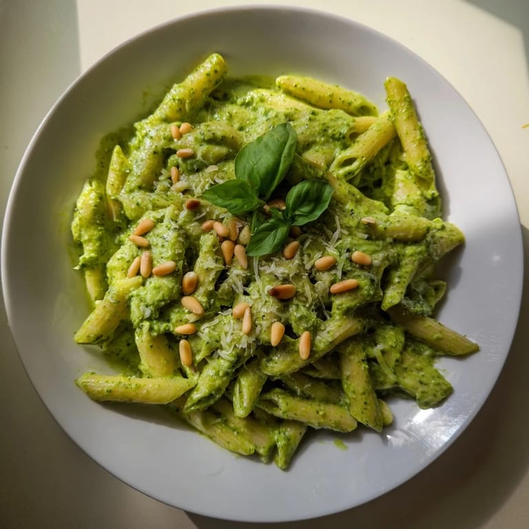 This close-up shows the delightful 15-minute creamy pesto pasta, garnished with fresh basil and pine nuts.