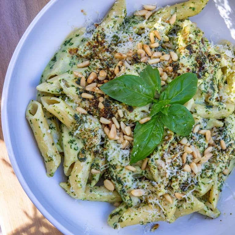 Enjoy a forkful of this rich and flavorful 15-minute creamy pesto pasta, perfect for a fast weeknight meal.