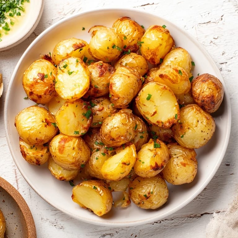 Freshly baked crispy garlic butter roasted smash potatoes, glistening with melted butter, perfect for dinner.