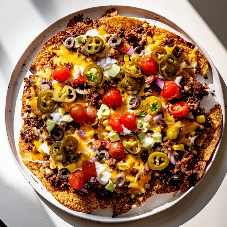 Golden, bubbly cheese covers perfectly arranged sheet pan beef nachos, ready to be enjoyed with friends or family.