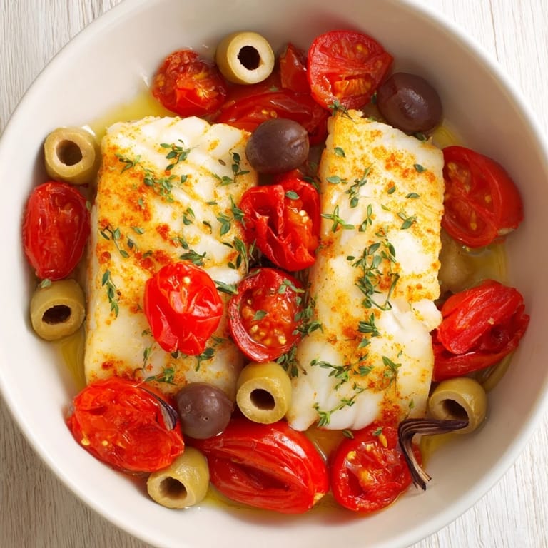 Golden baked cod, olives, and vibrant tomatoes create a beautiful One-Tray Baked Cod dish.