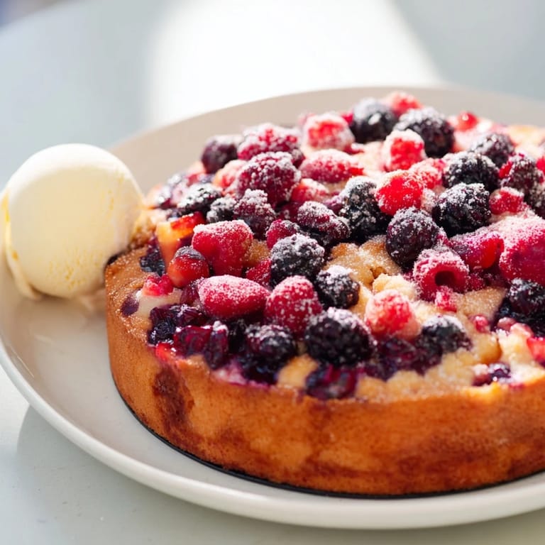 Freshly baked Rustic Summer Berry Cobbler with vanilla ice cream, promising a delicious taste of summer fruit.