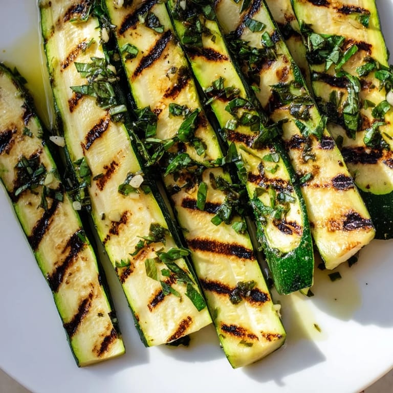 Close-up of tender Garlic Herb Grilled Zucchini with herbs, perfect for a Mediterranean-inspired meal.