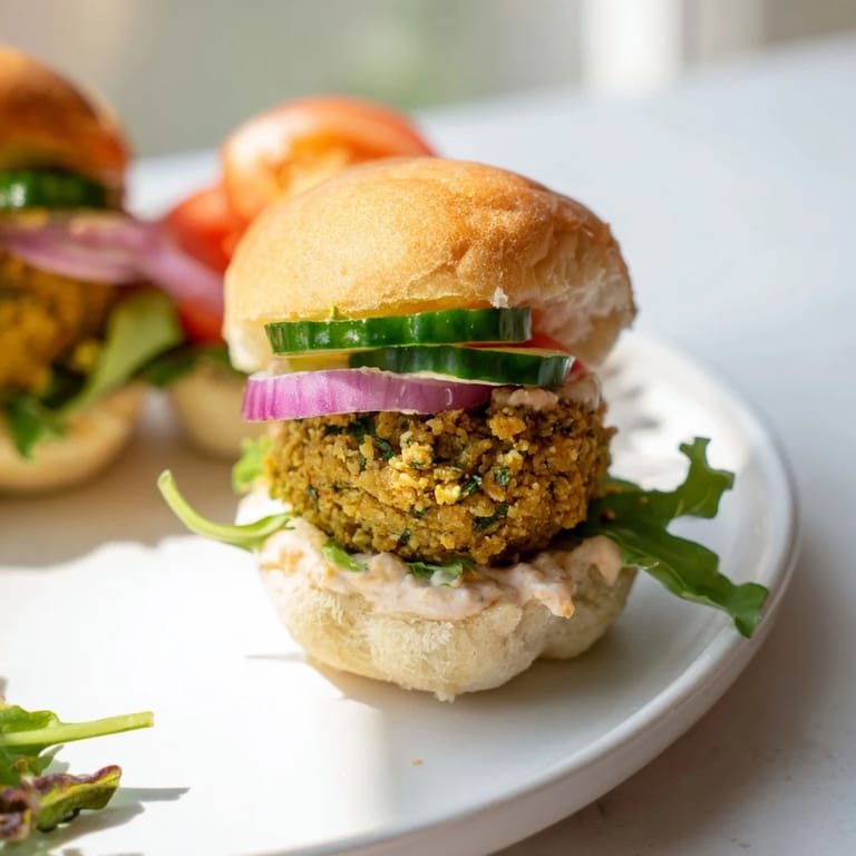Perfectly plated baked falafel sliders on a rustic wooden board, ready to bite into with fragrant spices.