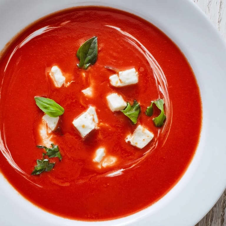 Thick and velvety Creamy Tomato Mozzarella Soup, a comforting Italian vegetarian dish perfect for dinner.