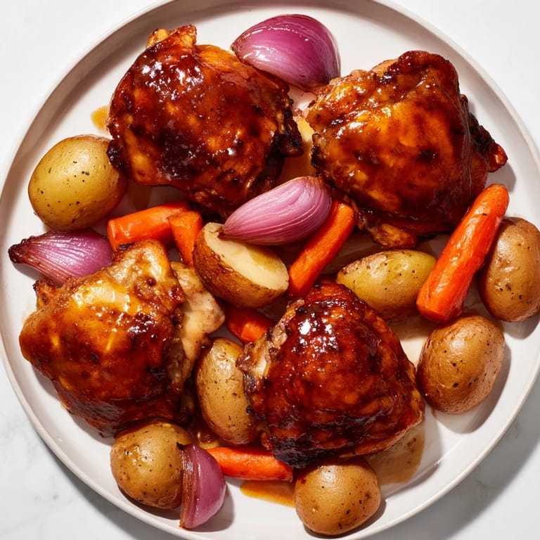 Sheet pan of flavorful Maple Dijon Chicken Thighs, perfectly cooked and glistening on the table.