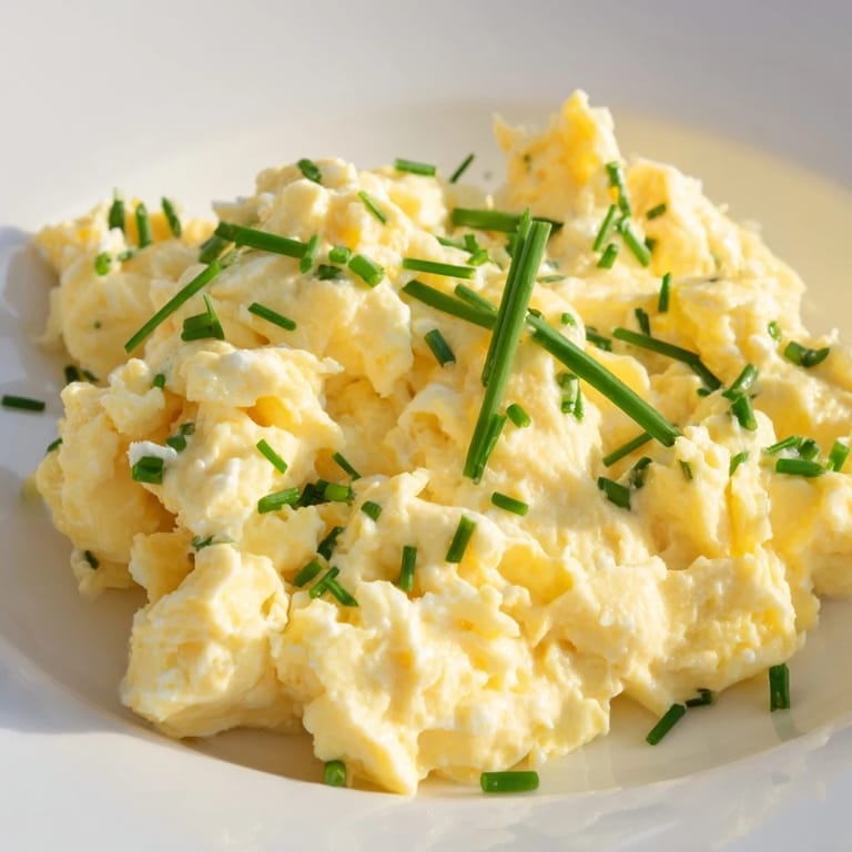 Creamy Cottage Cheese Scrambled Eggs, cooked to perfection and served warm with optional chives.