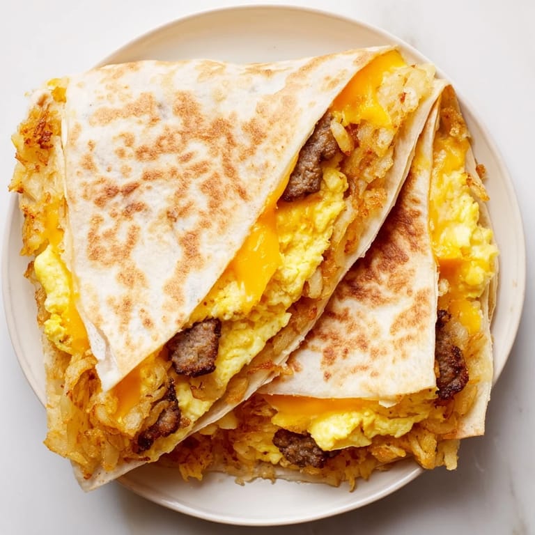 Savory Breakfast Crunchwrap Hack with melted cheese and a swirl of spicy salsa inside.