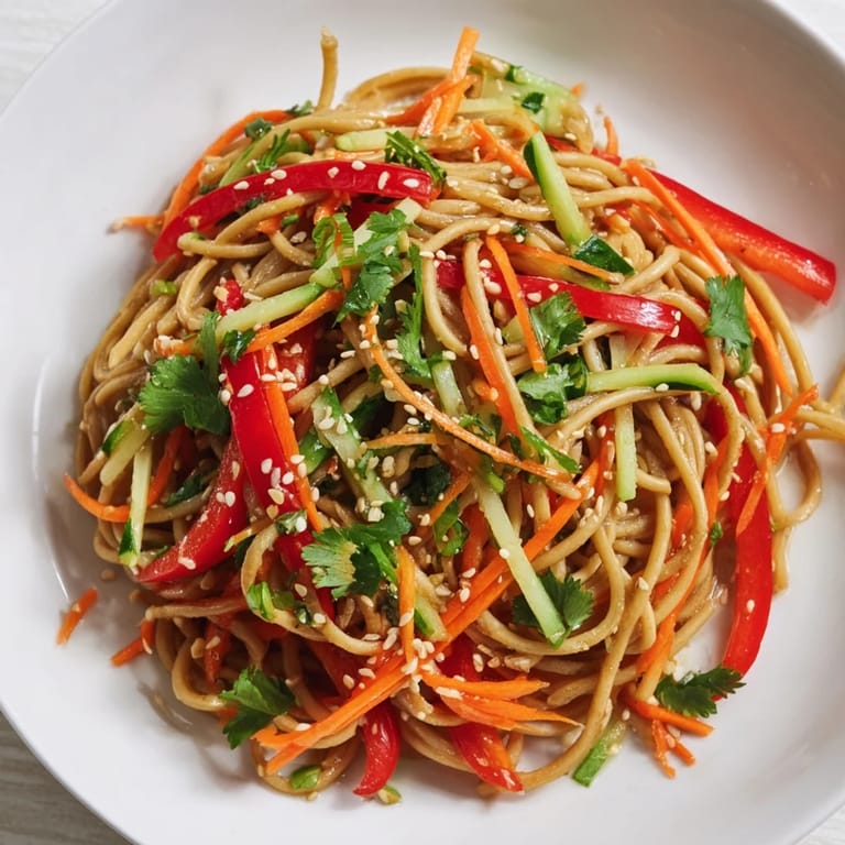 A refreshing close-up showcases the vibrant garlic noodle salad, ready to be served.