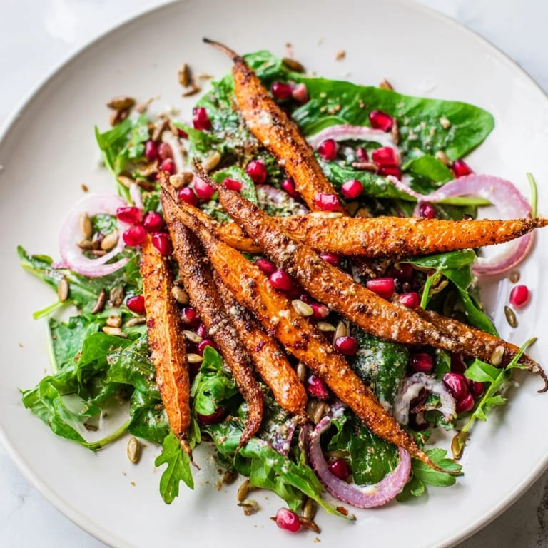 This delicious roasted carrot salad with tahini-lemon drizzle is a perfect easy vegan lunch or dinner.